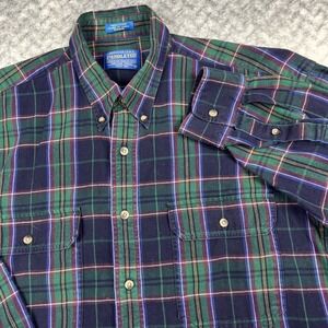 Pendleton Flannel Shirt Mens Large Blue Green Plaid Long Slv Button 100% Cotton